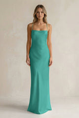 Sheath Satin Spaghetti Strap Bridesmaid Dress in Sea Glass - KissProm Bridesmaid Dresses
