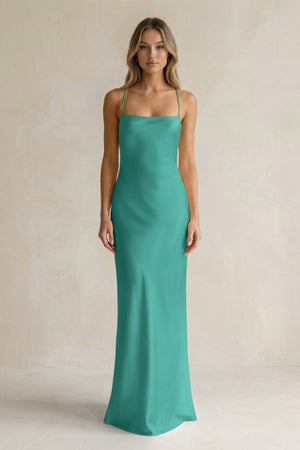 Sheath Satin Spaghetti Strap Bridesmaid Dress in Sea Glass - KissProm Bridesmaid Dresses