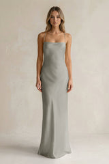 Sheath Satin Spaghetti Strap Bridesmaid Dress in Silver - KissProm Bridesmaid Dresses