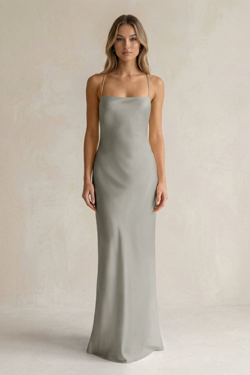 Sheath Satin Spaghetti Strap Bridesmaid Dress in Silver - KissProm Bridesmaid Dresses