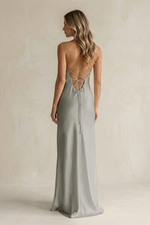 Sheath Satin Spaghetti Strap Bridesmaid Dress in Silver - KissProm Bridesmaid Dresses