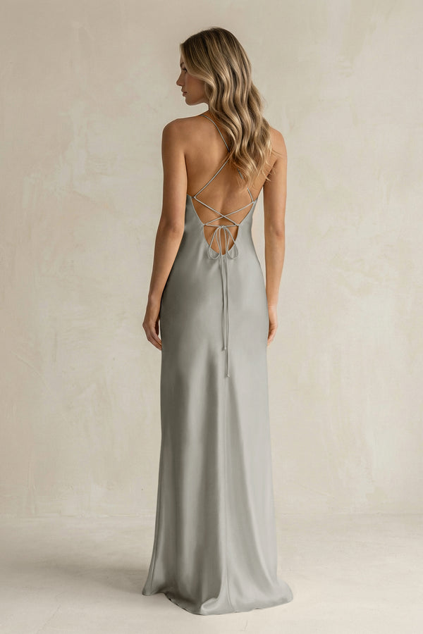 Sheath Satin Spaghetti Strap Bridesmaid Dress in Silver - KissProm Bridesmaid Dresses
