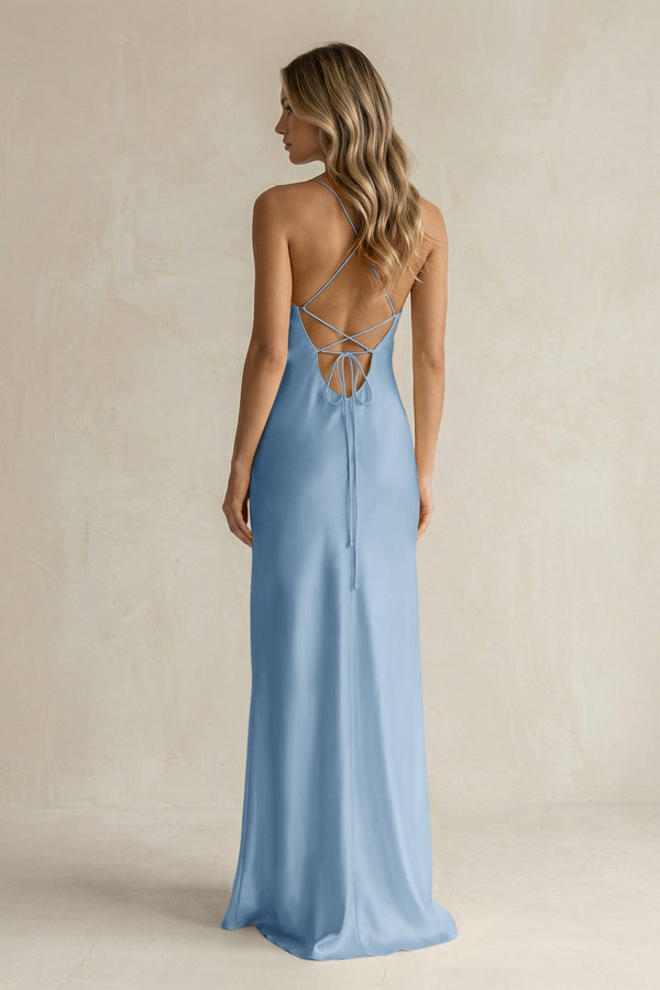 Sheath Satin Spaghetti Strap Bridesmaid Dress in Sky Blue - KissProm Bridesmaid Dresses