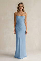 Sheath Satin Spaghetti Strap Bridesmaid Dress in Sky Blue - KissProm Bridesmaid Dresses
