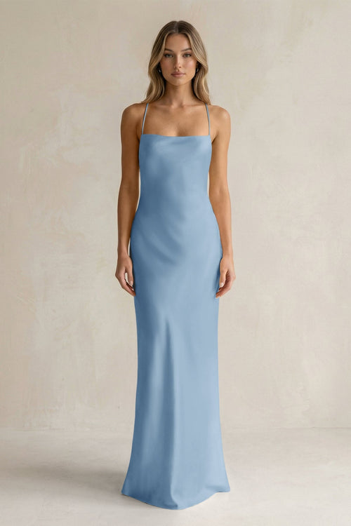 Sheath Satin Spaghetti Strap Bridesmaid Dress in Sky Blue - KissProm Bridesmaid Dresses