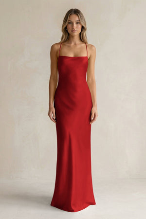 Sheath Satin Spaghetti Strap Bridesmaid Dress in Spice - KissProm Bridesmaid Dresses