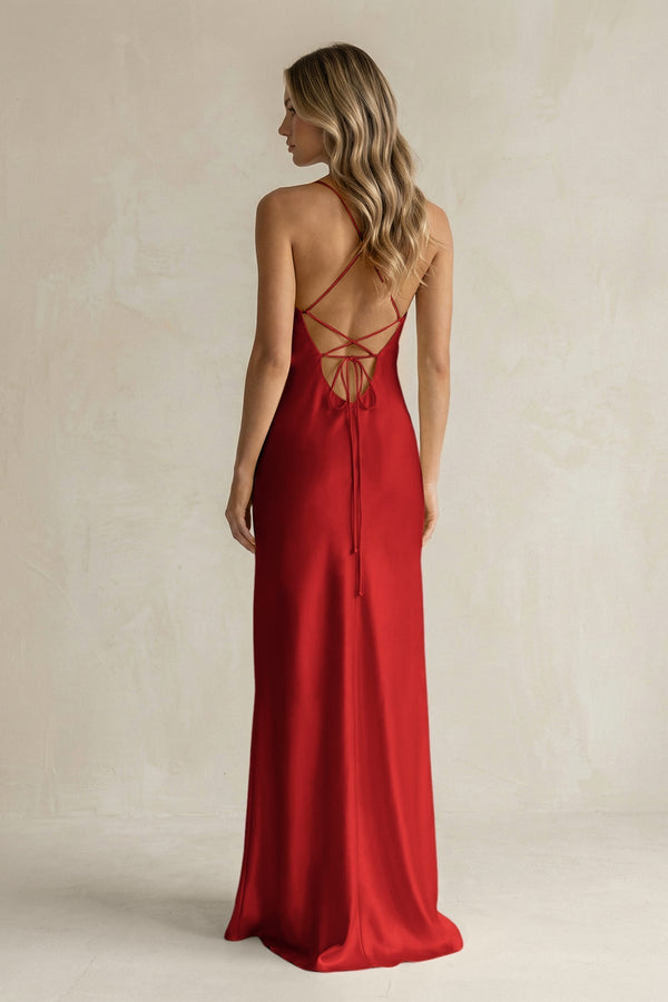 Sheath Satin Spaghetti Strap Bridesmaid Dress in Spice - KissProm Bridesmaid Dresses