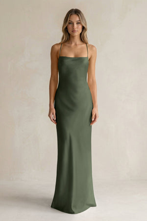 Sheath Satin Spaghetti Strap Bridesmaid Dress in Thyme - KissProm Bridesmaid Dresses