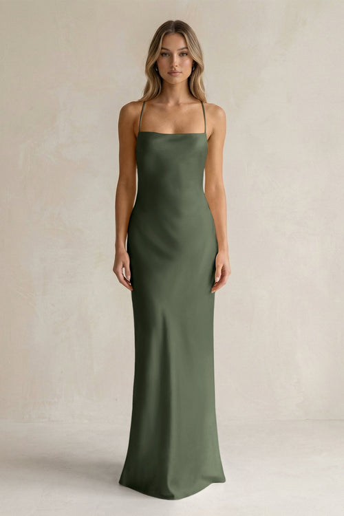Sheath Satin Spaghetti Strap Bridesmaid Dress in Thyme - KissProm Bridesmaid Dresses