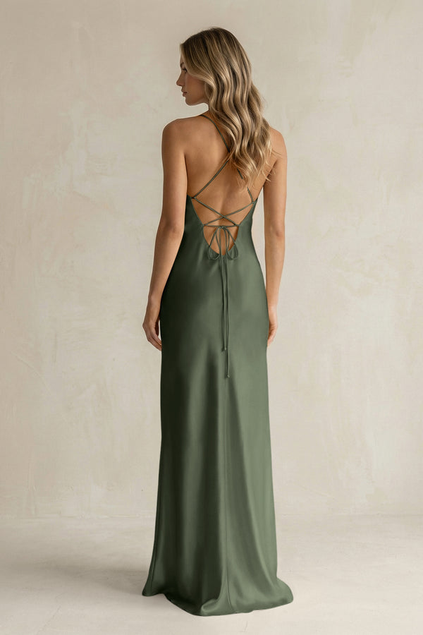 Sheath Satin Spaghetti Strap Bridesmaid Dress in Thyme - KissProm Bridesmaid Dresses