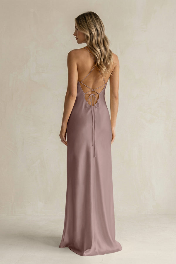Sheath Satin Spaghetti Strap Bridesmaid Dress in Toffee - KissProm Bridesmaid Dresses