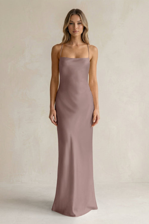 Sheath Satin Spaghetti Strap Bridesmaid Dress in Toffee - KissProm Bridesmaid Dresses