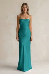 Sheath Satin Spaghetti Strap Bridesmaid Dress in Turquoise - KissProm Bridesmaid Dresses