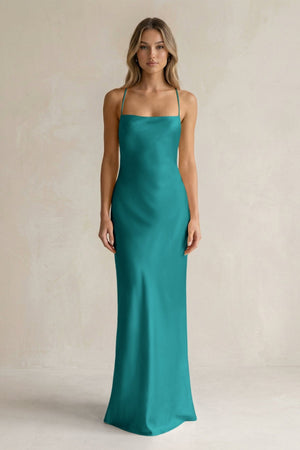 Sheath Satin Spaghetti Strap Bridesmaid Dress in Turquoise - KissProm Bridesmaid Dresses