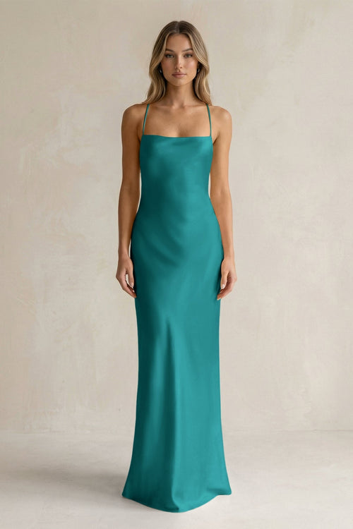 Sheath Satin Spaghetti Strap Bridesmaid Dress in Turquoise - KissProm Bridesmaid Dresses