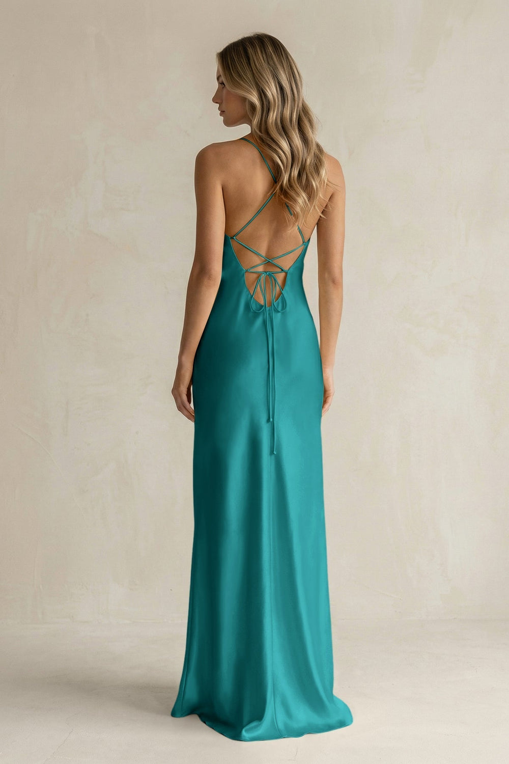 Sheath Satin Spaghetti Strap Bridesmaid Dress in Turquoise - KissProm Bridesmaid Dresses