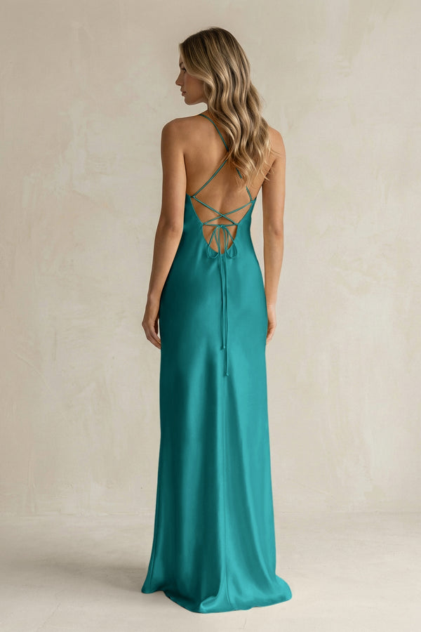 Sheath Satin Spaghetti Strap Bridesmaid Dress in Turquoise - KissProm Bridesmaid Dresses