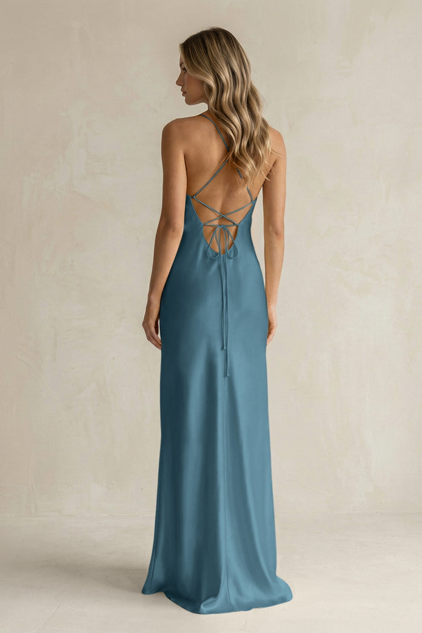 Sheath Satin Spaghetti Strap Bridesmaid Dress in Twilight - KissProm Bridesmaid Dresses