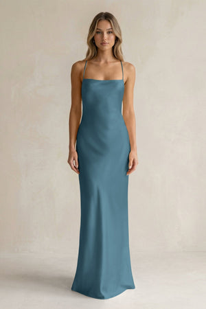 Sheath Satin Spaghetti Strap Bridesmaid Dress in Twilight - KissProm Bridesmaid Dresses