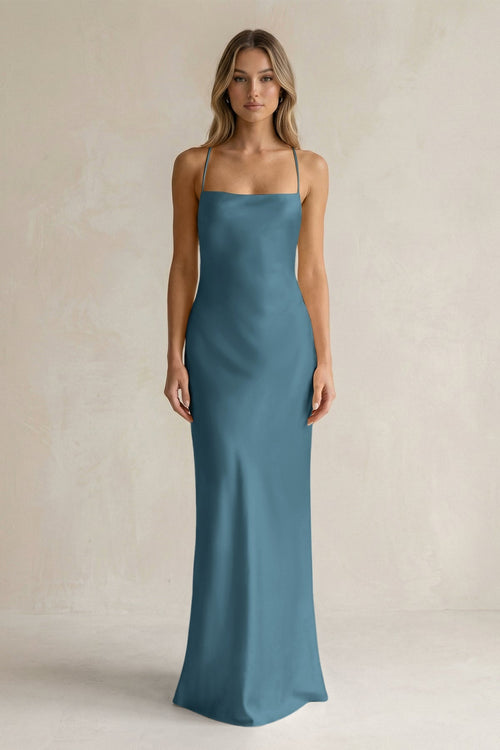 Sheath Satin Spaghetti Strap Bridesmaid Dress in Twilight - KissProm Bridesmaid Dresses