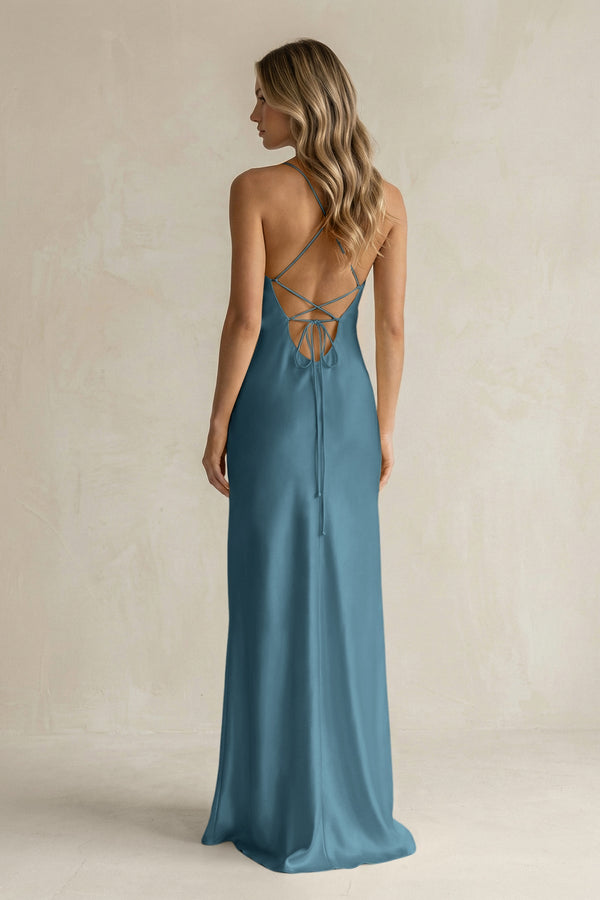 Sheath Satin Spaghetti Strap Bridesmaid Dress in Twilight - KissProm Bridesmaid Dresses