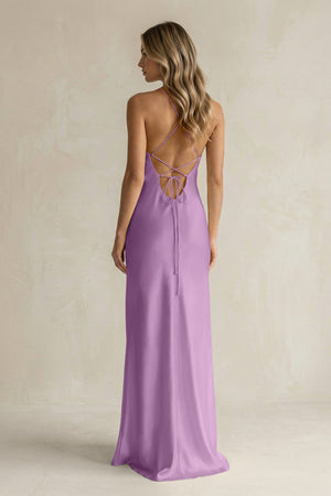Sheath Satin Spaghetti Strap Bridesmaid Dress in Vintage Mauve - KissProm Bridesmaid Dresses