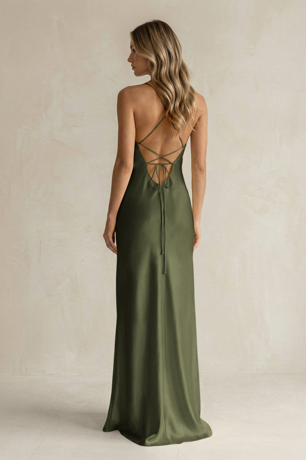 Sheath Satin Spaghetti Strap Bridesmaid Dress in Willow Green - KissProm Bridesmaid Dresses