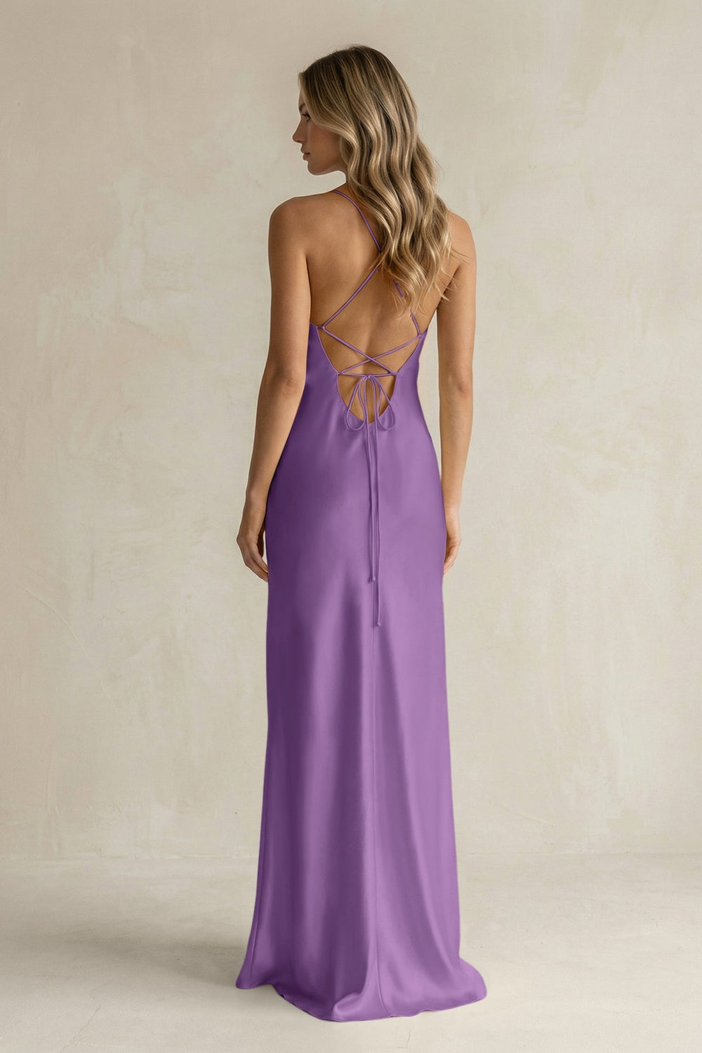 Sheath Satin Spaghetti Strap Bridesmaid Dress in Wisteria - KissProm Bridesmaid Dresses