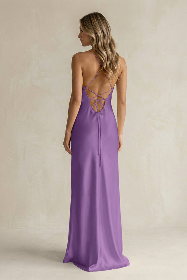 Sheath Satin Spaghetti Strap Bridesmaid Dress in Wisteria - KissProm Bridesmaid Dresses