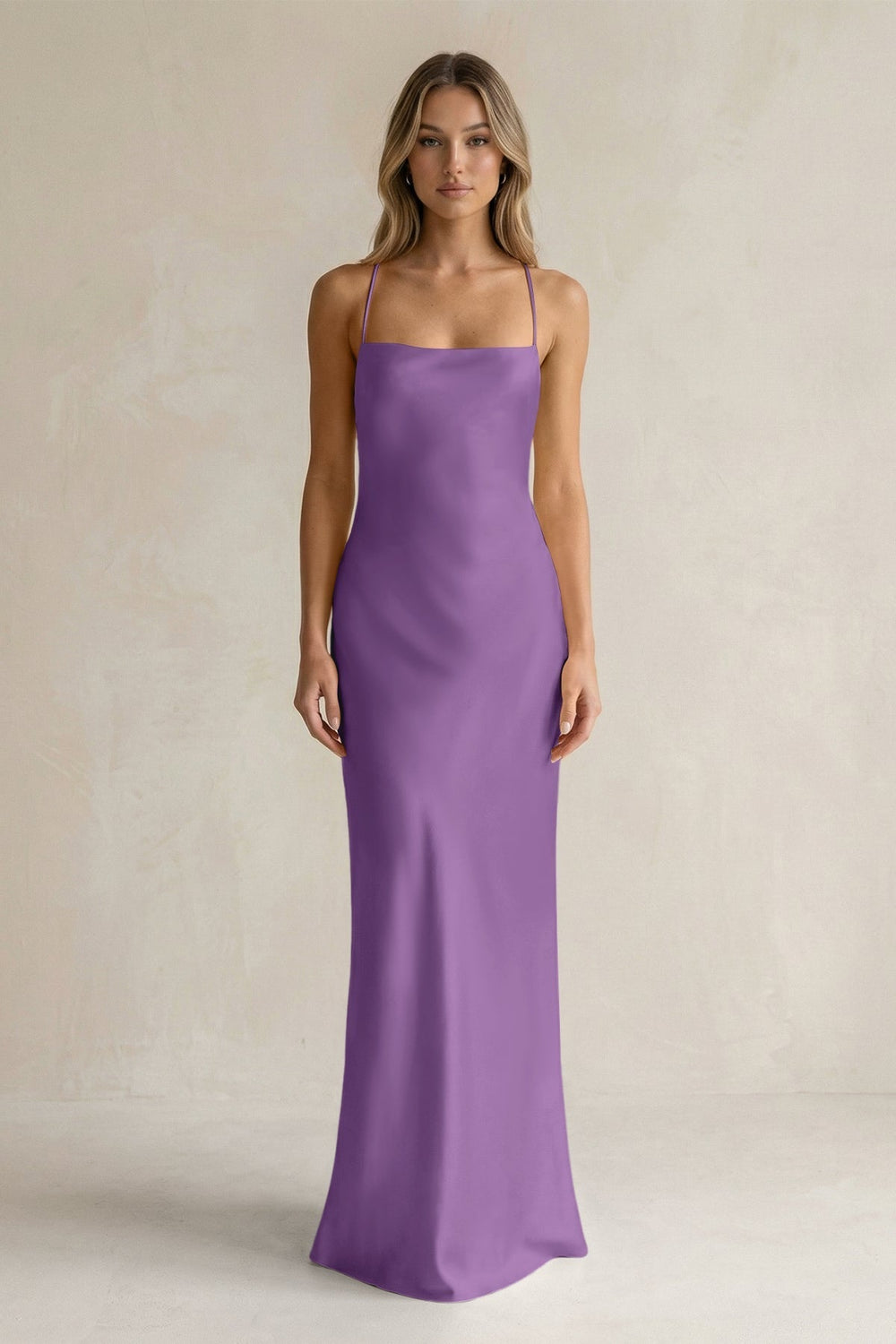 Sheath Satin Spaghetti Strap Bridesmaid Dress in Wisteria - KissProm Bridesmaid Dresses