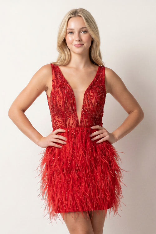 Sheath Satin V neck Feathers Red Mini Party Dresses With Beadings - KissProm