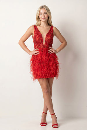 Sheath Satin V neck Feathers Red Mini Party Dresses With Beadings - KissProm
