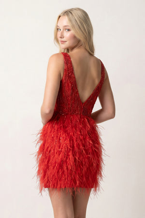 Sheath Satin V neck Feathers Red Mini Party Dresses With Beadings - KissProm