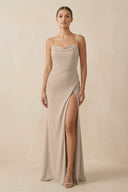 Sheath Spaghetti Straps Chiffon Long Bridesmaid Dress in Almond - KissProm Bridesmaid Dresses