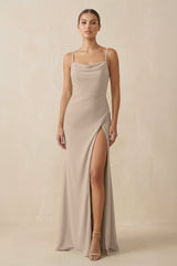 Sheath Spaghetti Straps Chiffon Long Bridesmaid Dress in Almond - KissProm Bridesmaid Dresses