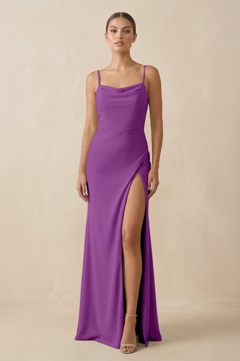 Sheath Spaghetti Straps Chiffon Long Bridesmaid Dress in Amethyst - KissProm Bridesmaid Dresses