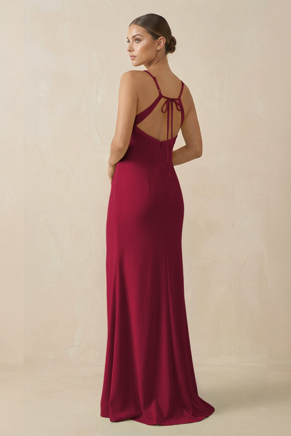 Sheath Spaghetti Straps Chiffon Long Bridesmaid Dress in Berry - KissProm Bridesmaid Dresses