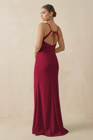 Sheath Spaghetti Straps Chiffon Long Bridesmaid Dress in Berry - KissProm Bridesmaid Dresses