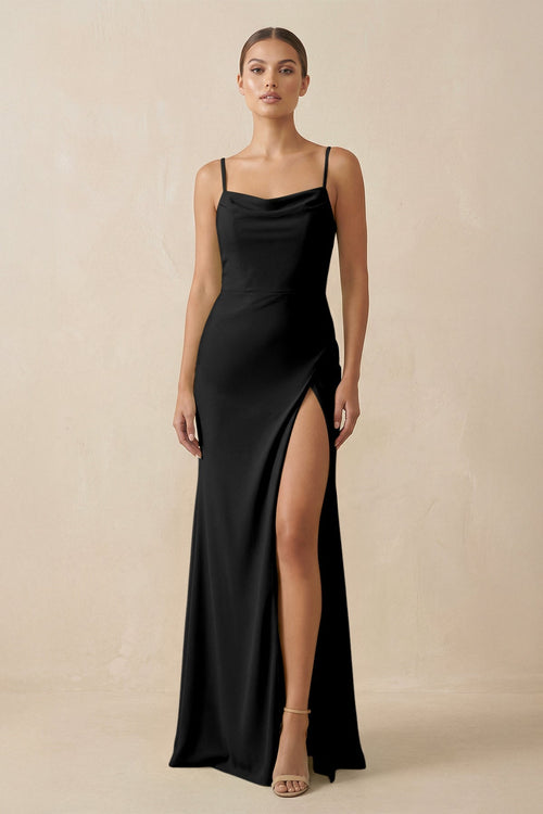 Sheath Spaghetti Straps Chiffon Long Bridesmaid Dress in Black - KissProm Bridesmaid Dresses