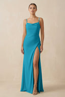 Sheath Spaghetti Straps Chiffon Long Bridesmaid Dress in Blue Jay - KissProm Bridesmaid Dresses