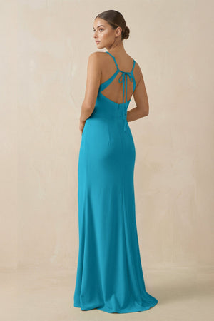 Sheath Spaghetti Straps Chiffon Long Bridesmaid Dress in Blue Jay - KissProm Bridesmaid Dresses