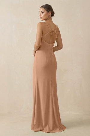 Sheath Spaghetti Straps Chiffon Long Bridesmaid Dress in Bronzer - KissProm Bridesmaid Dresses