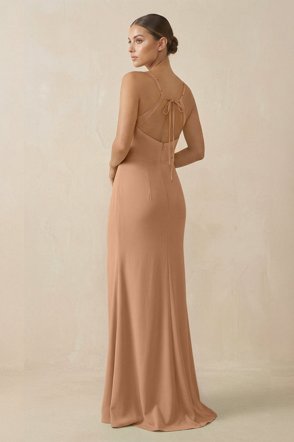 Sheath Spaghetti Straps Chiffon Long Bridesmaid Dress in Bronzer - KissProm Bridesmaid Dresses