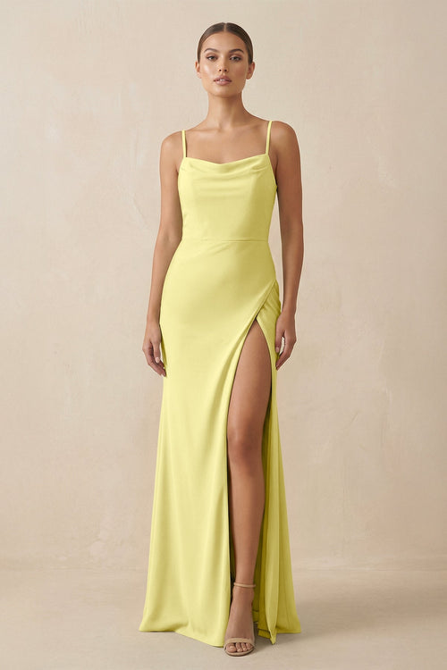 KissProm Sheath Spaghetti Straps Chiffon Long Bridesmaid Dress in Buttercup, Buttercup / 30