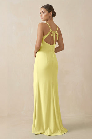 Sheath Spaghetti Straps Chiffon Long Bridesmaid Dress in Buttercup - KissProm Bridesmaid Dresses