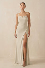 Sheath Spaghetti Straps Chiffon Long Bridesmaid Dress in Champagne - KissProm Bridesmaid Dresses