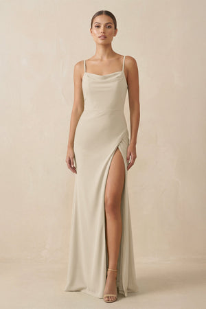 Sheath Spaghetti Straps Chiffon Long Bridesmaid Dress in Champagne - KissProm Bridesmaid Dresses