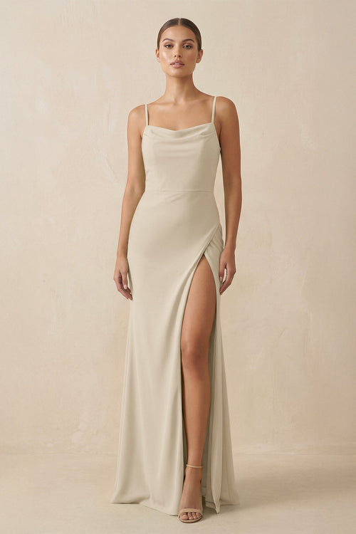 Sheath Spaghetti Straps Chiffon Long Bridesmaid Dress in Champagne - KissProm Bridesmaid Dresses