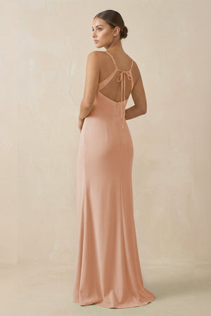 Sheath Spaghetti Straps Chiffon Long Bridesmaid Dress in Champagne Rose - KissProm Bridesmaid Dresses