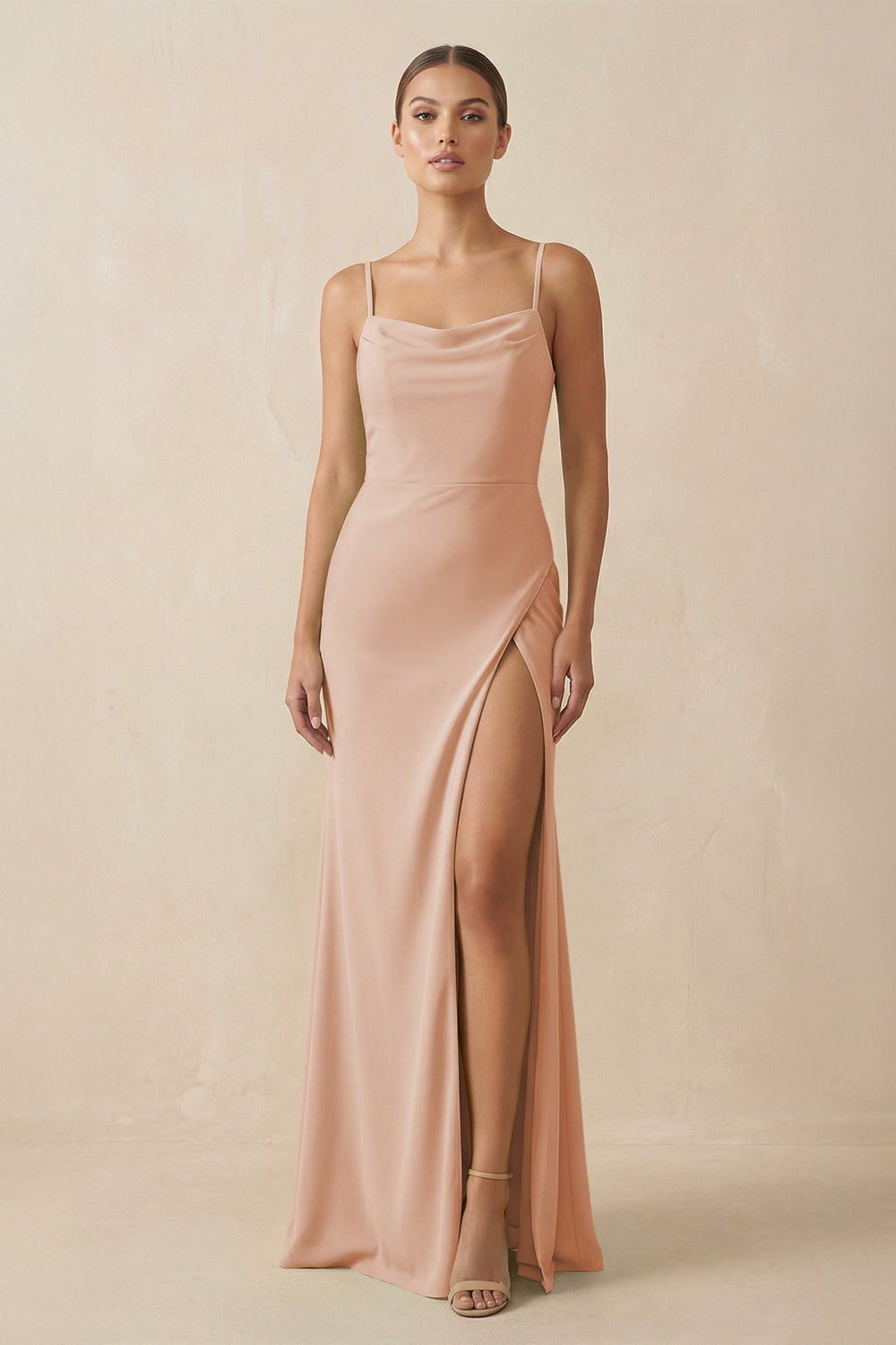Sheath Spaghetti Straps Chiffon Long Bridesmaid Dress in Champagne Rose - KissProm Bridesmaid Dresses